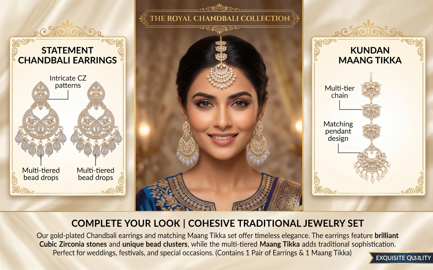 Feature breakdown of INNOVATE ART IMPEX Chandbali set highlighting intricate CZ patterns, multi-tiered bead drops, and cohesive Maang Tikka pendant design.