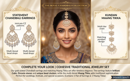 Feature breakdown of INNOVATE ART IMPEX Chandbali set highlighting intricate CZ patterns, multi-tiered bead drops, and cohesive Maang Tikka pendant design.