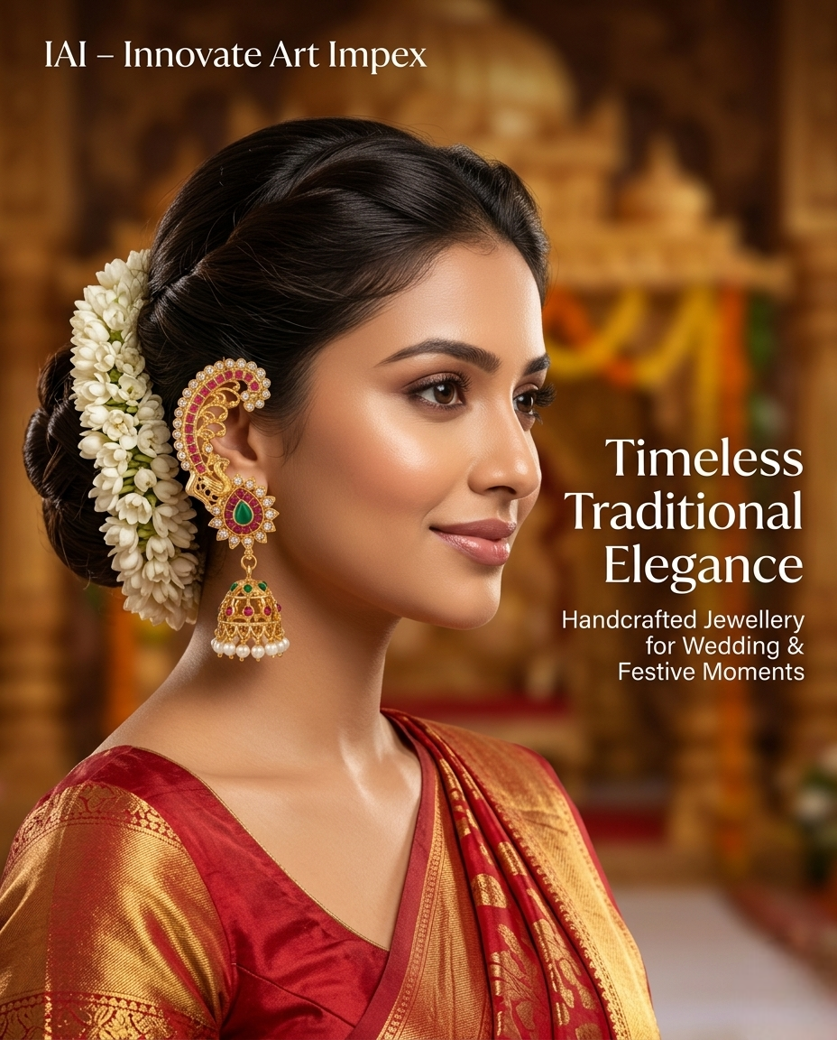 Feature breakdown of INNOVATE ART IMPEX traditional ear cuff earrings showing rich color stone work, lightweight design, and classic jhumka attachment.