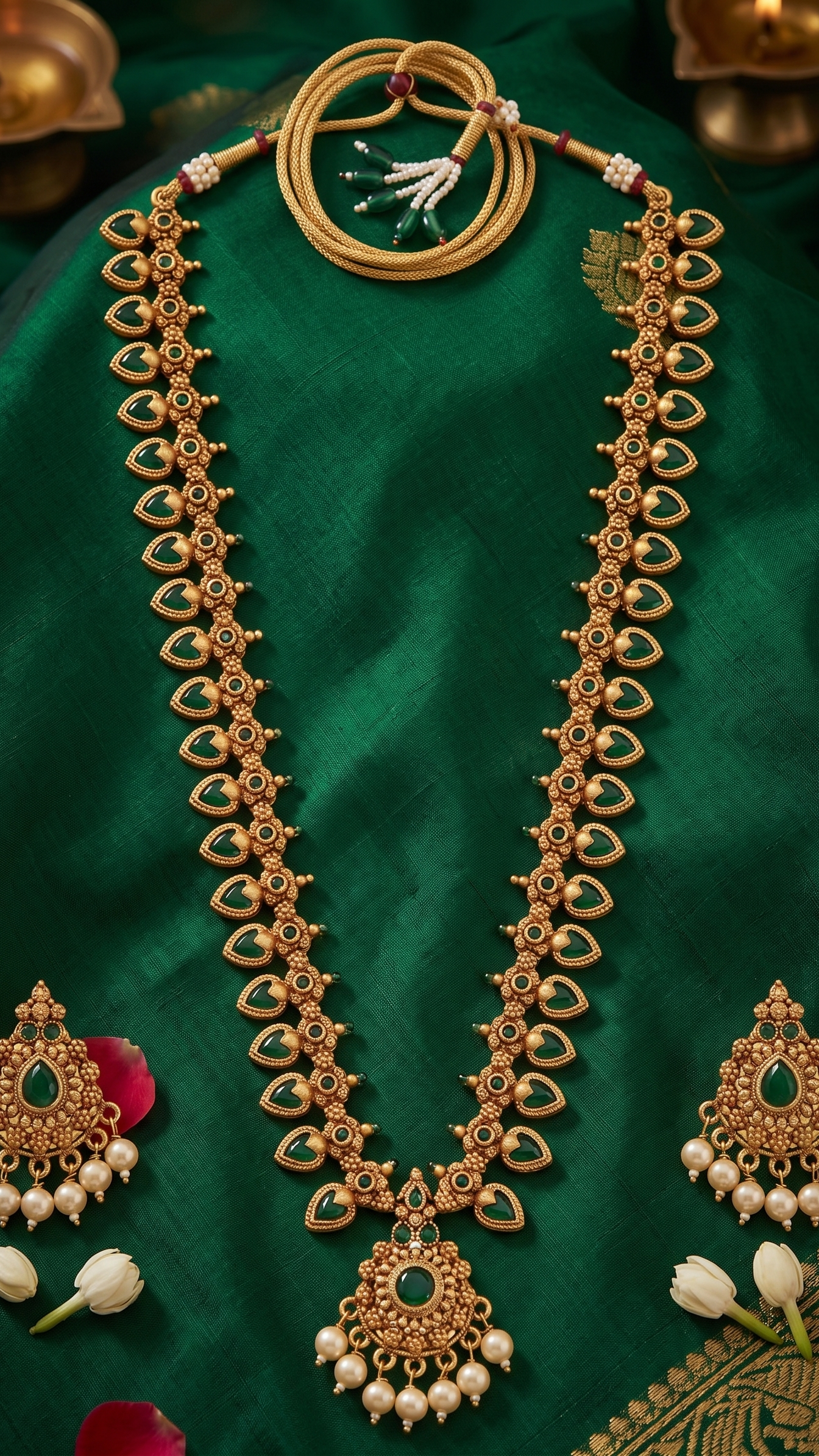 Flatlay of INNOVATE ART IMPEX gold-plated long temple necklace set with green stones and pearl drops resting on luxurious green silk fabric.