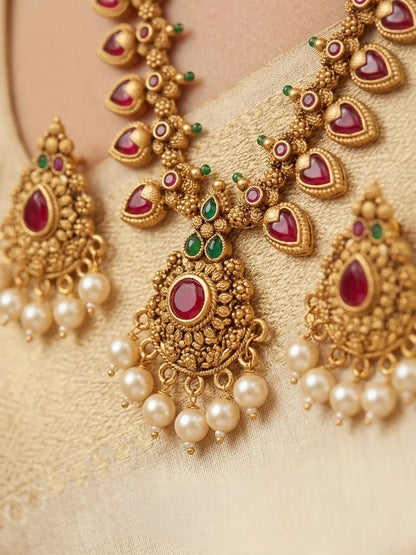 Gold-Plated Ruby Red Stones & Pearls Temple Jewelry Long Necklace Set with Earrings Innovate Art Impex