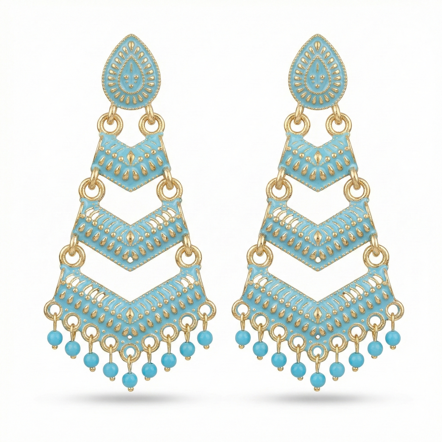 Close-up view of premium artificial Firozi Meenakari Gold Plated Layered Drop Earrings with Pearl Hanging by Innovate Art Impex.