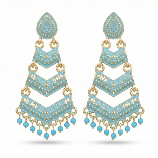 Firozi Meenakari Gold Plated Layered Drop Earrings with Pearl Hanging