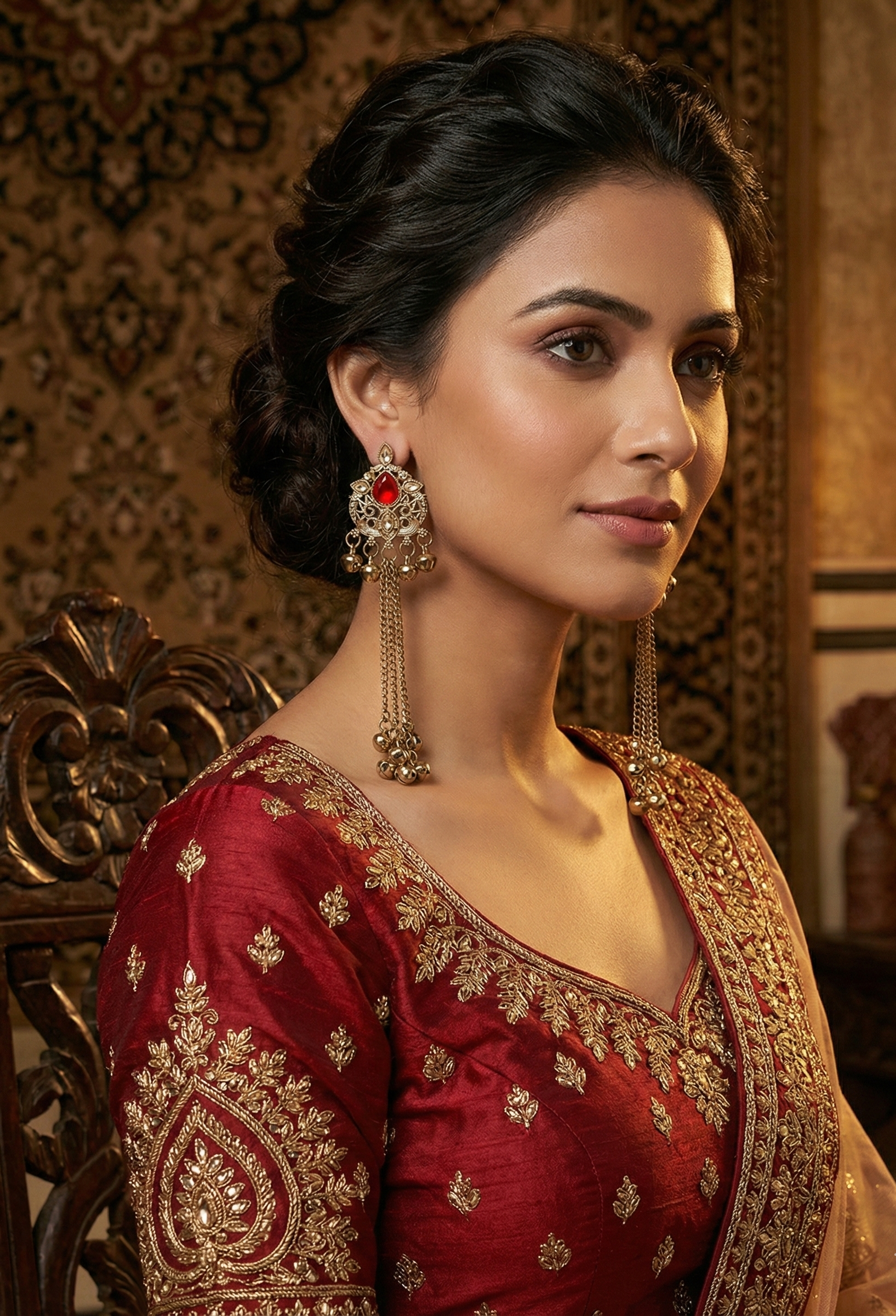Close-up view of premium artificial Royal Red Stone Gold Plated Long Tassel Earrings with Cascading Ghungroo Bells by Innovate Art Impex.
