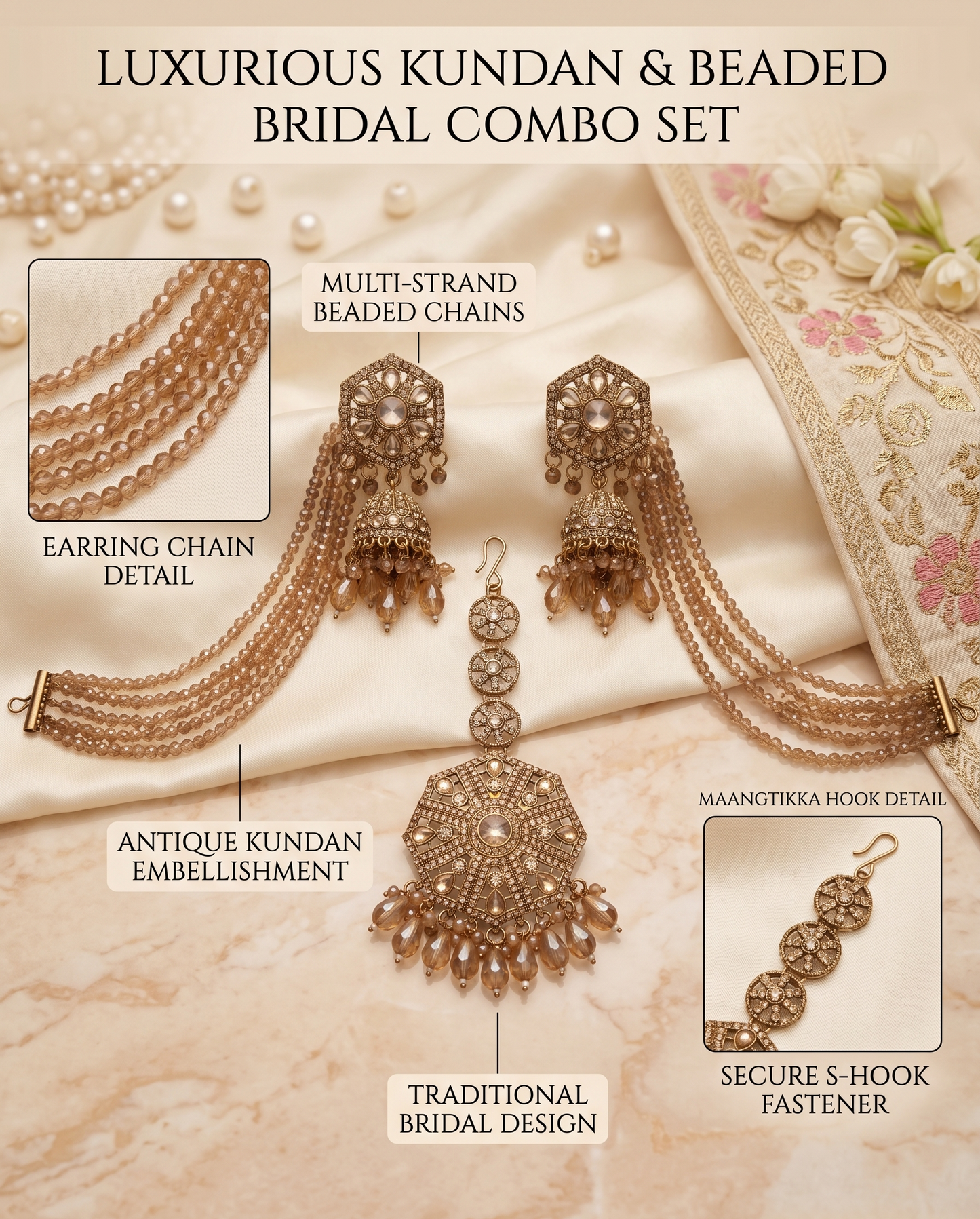 Luxurious kundan and beaded bridal combo set with detailed features on a beige background.