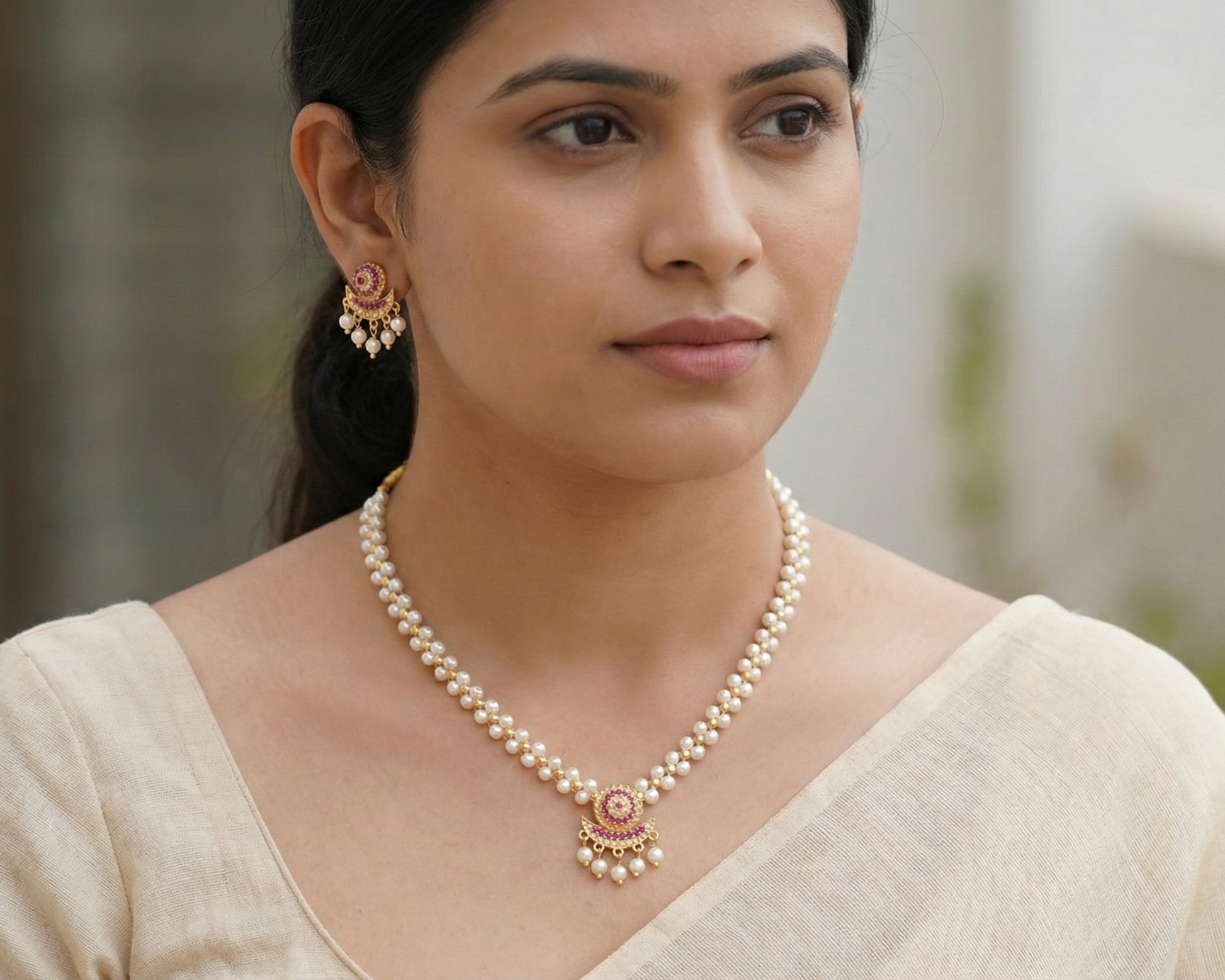 Close-up view of premium artificial Traditional Pearl Choker Necklace Set with Ruby Pendant | Innovate Art Impex by Innovate Art Impex.