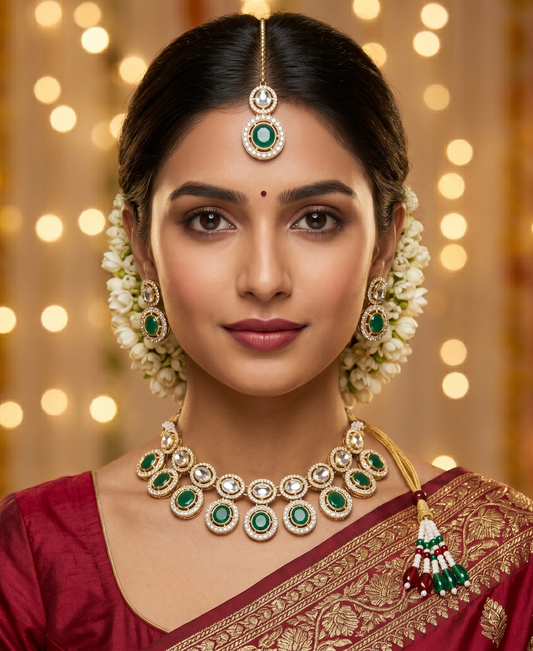 Woman wearing traditional jewelry with a blurred lights background