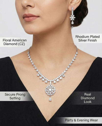 Close-up view of premium artificial Elegant Silver Floral Drop Bridal Jewelry Set (Necklace & Earrings) by Innovate Art Impex.