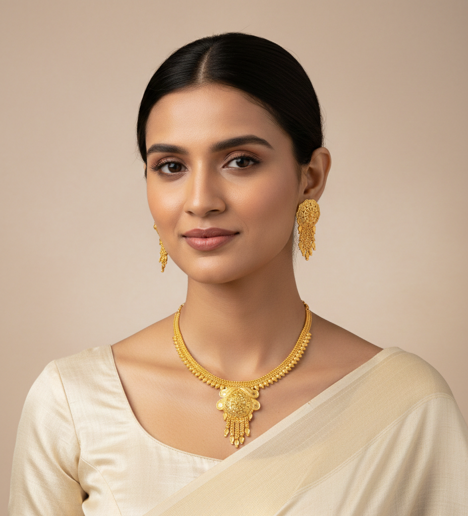 Close-up view of premium artificial Gold Toned Traditional Filigree Necklace Set with Floral Circular Pendant and Matching Latkan Earrings Zaveri Haldi Aesthetic Layered Butterfly Silk Thread Women Jwelleries Western Girls by Innovate Art Impex.
