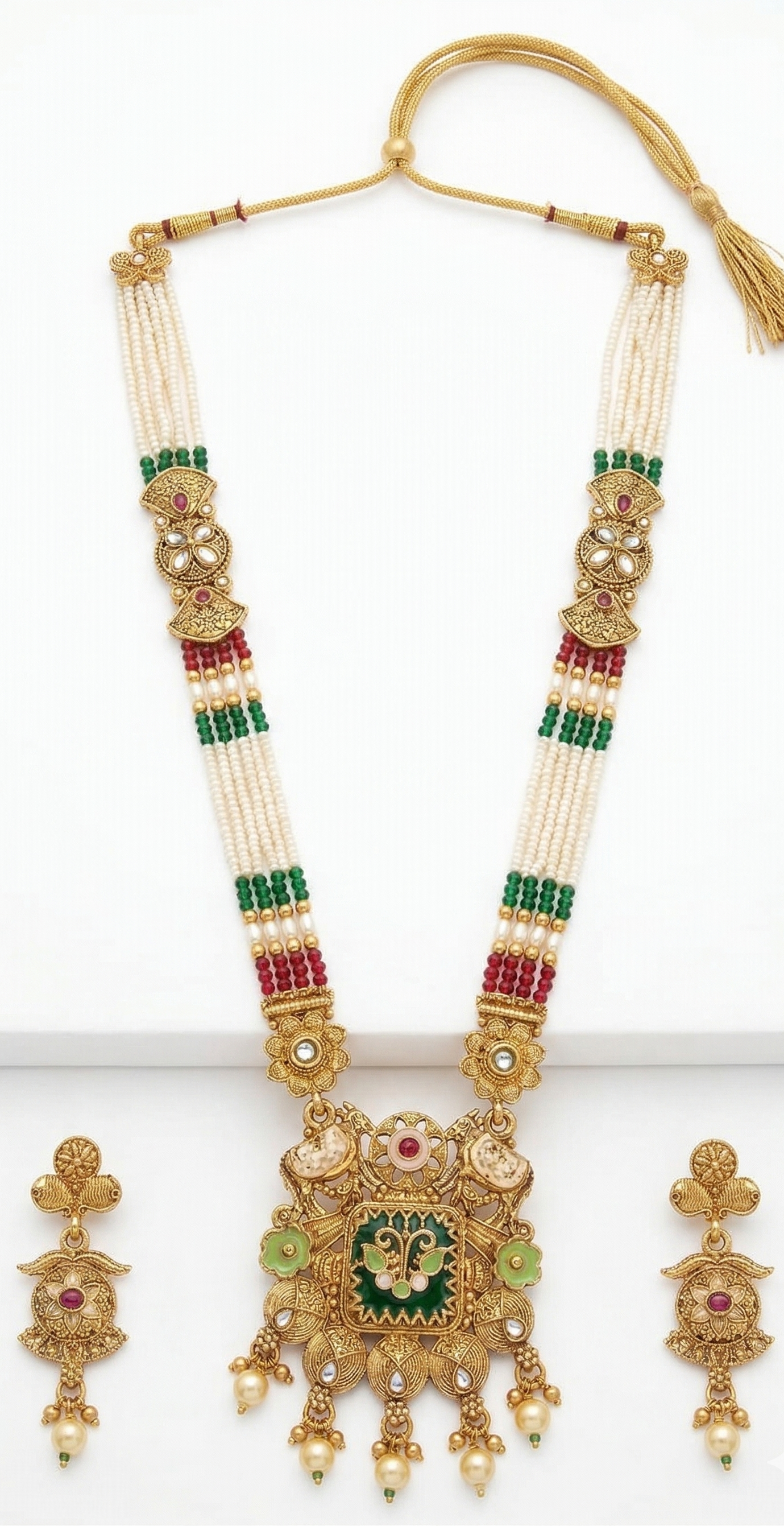 Close-up view of premium artificial Heritage Meenakari & Pearl Multi-Strand Long Necklace Set (Rani Haar) by Innovate Art Impex.