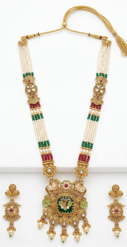 Close-up view of premium artificial Heritage Meenakari & Pearl Multi-Strand Long Necklace Set (Rani Haar) by Innovate Art Impex.