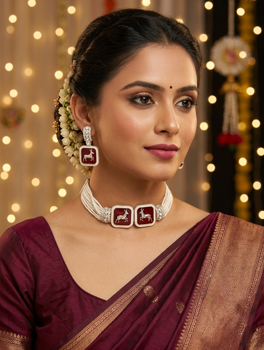 Close-up view of premium artificial Multi-Strand Faux Pearl Choker Set with Enamel Deer Motif by Innovate Art Impex.