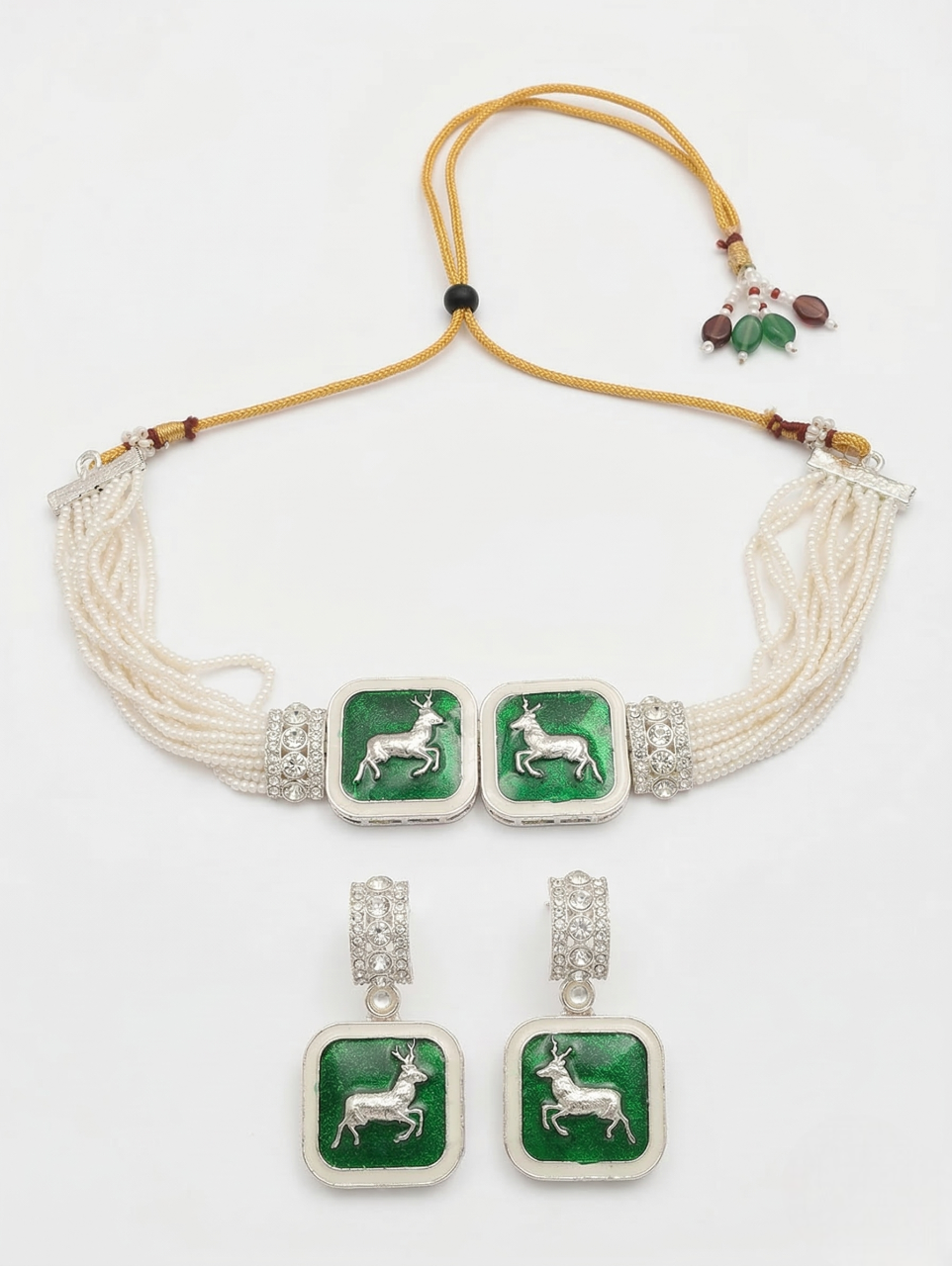 Close-up view of premium artificial Multi-Strand Faux Pearl Choker Set with Enamel Deer Motif by Innovate Art Impex.