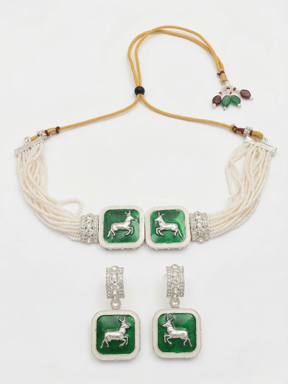 Close-up view of premium artificial Multi-Strand Faux Pearl Choker Set with Enamel Deer Motif by Innovate Art Impex.
