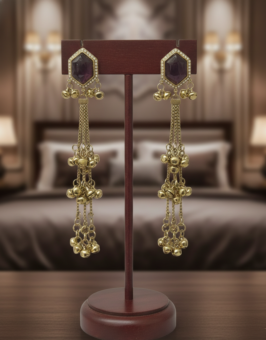 Close-up view of premium artificial Wine Hexagonal Stone Gold Tassel Drop Earrings   Elegant Statement Jewelry by Innovate Art Impex.