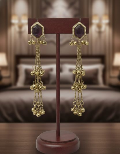 Close-up view of premium artificial Wine Hexagonal Stone Gold Tassel Drop Earrings   Elegant Statement Jewelry by Innovate Art Impex.