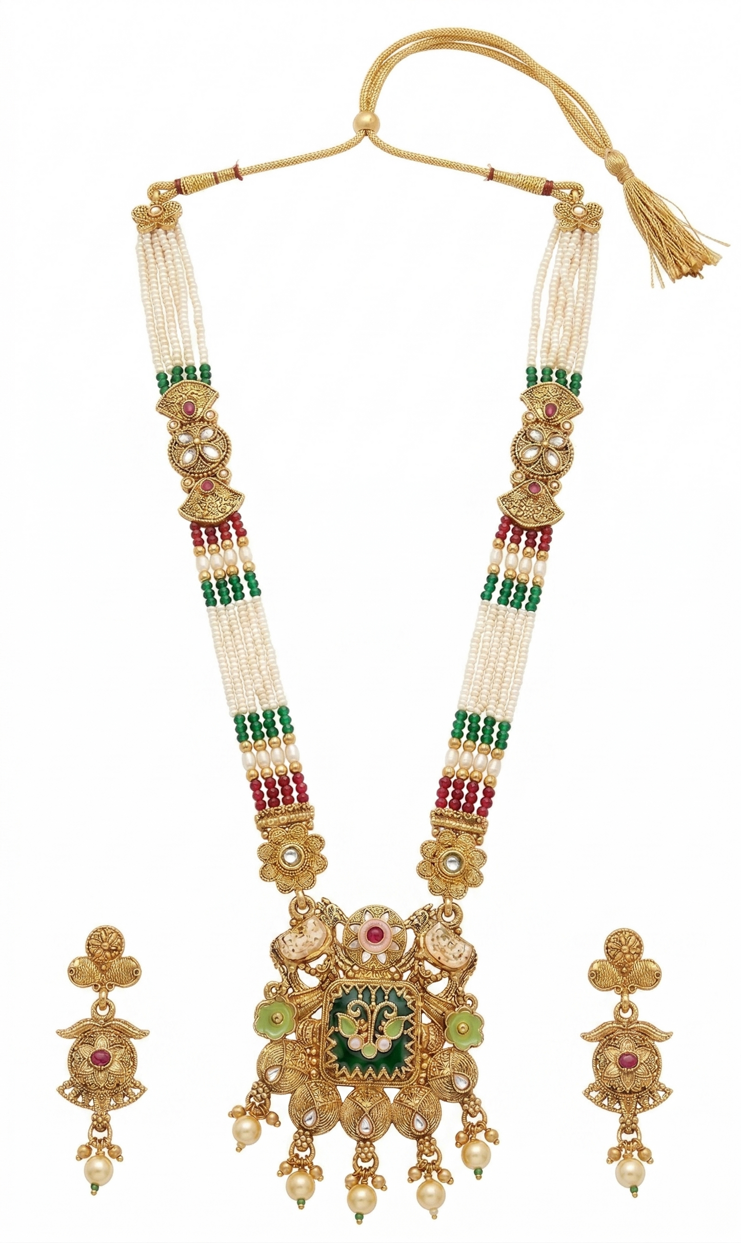 Close-up view of premium artificial Heritage Meenakari & Pearl Multi-Strand Long Necklace Set (Rani Haar) by Innovate Art Impex.