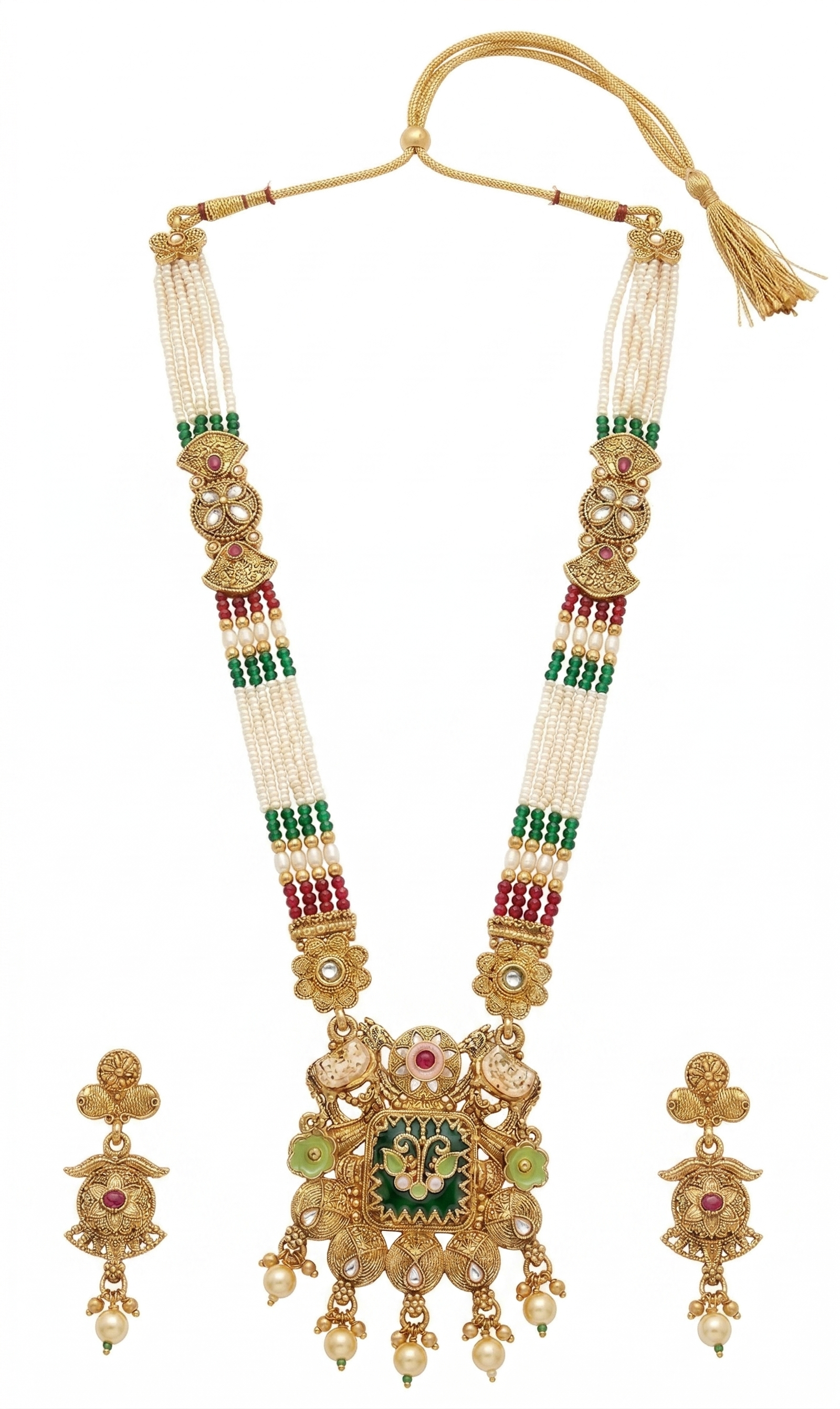 Close-up view of premium artificial Heritage Meenakari & Pearl Multi-Strand Long Necklace Set (Rani Haar) by Innovate Art Impex.