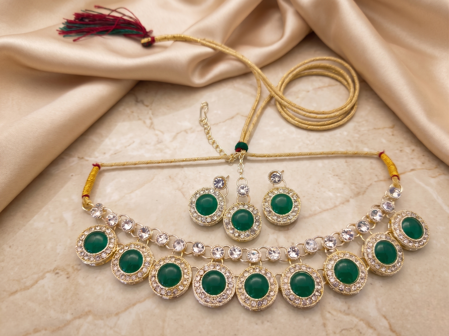 Emerald Green 3-Piece Traditional Necklace Set — Simulated Stone Bridal Jewellery