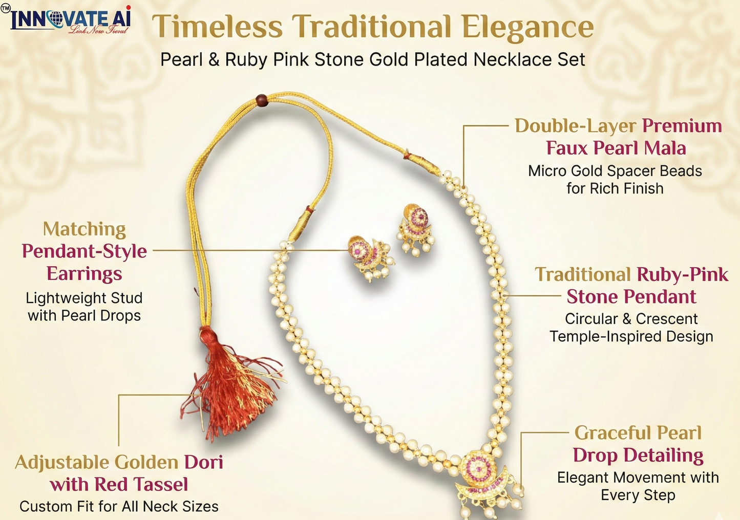 Traditional Pearl Choker Necklace Set with Ruby Pendant | Innovate Art Impex