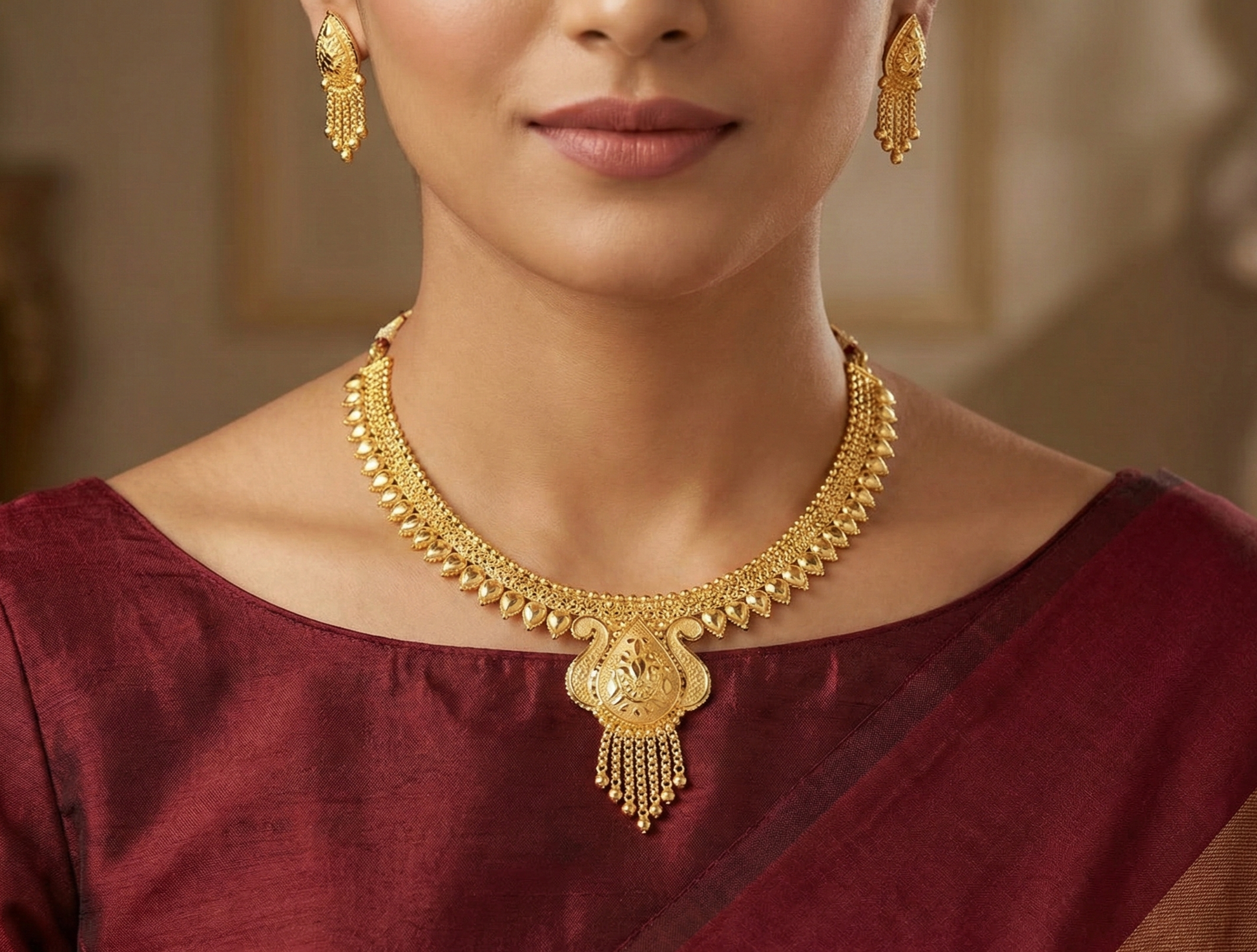 Close-up view of premium artificial Traditional Gold Toned Meenakari Inspired Temple Jewelry Set with Floral Filigree by Innovate Art Impex.