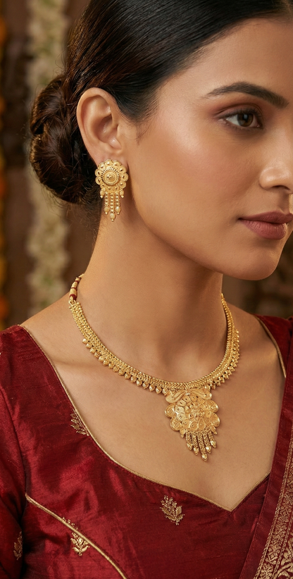 Close-up view of premium artificial Temple Jewellery Necklace Set For Women Traditional Antique Gold Artificial Bridal Choker Jwellery Ladies Fancy Kundan Pearl Oxidised Silver Ruby Diamond Zaveri Haldi Aesthetic Layered Butterfly Silk Thread Women Jwelleries Western Girls by Innovate Art Impex.