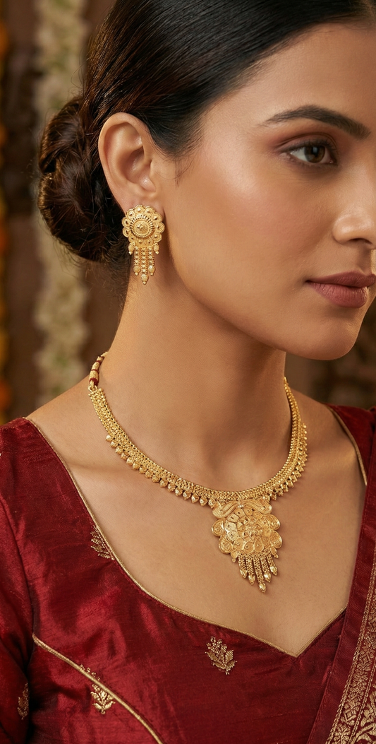 Close-up view of premium artificial Temple Jewellery Necklace Set For Women Traditional Antique Gold Artificial Bridal Choker Jwellery Ladies Fancy Kundan Pearl Oxidised Silver Ruby Diamond Zaveri Haldi Aesthetic Layered Butterfly Silk Thread Women Jwelleries Western Girls by Innovate Art Impex.