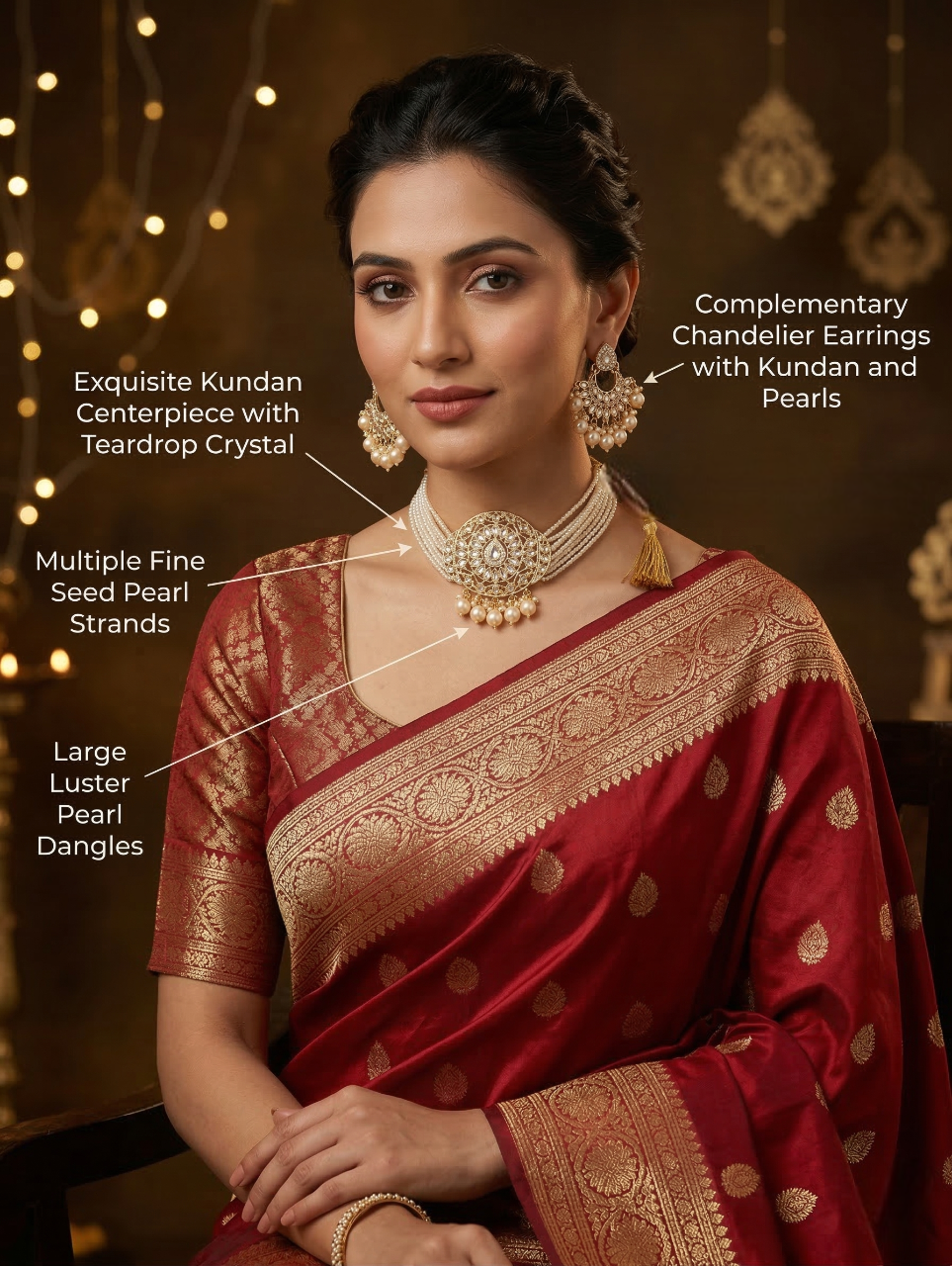 Close-up view of premium artificial Elegant Kundan Choker Necklace Set with Multi-Layered Beads & Matching Earrings by Innovate Art Impex.