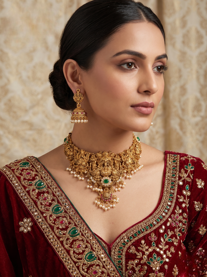 Handcrafted Antique Gold-Plated Kundan Choker Set with Cultured Pearls & Simulated Gemstones