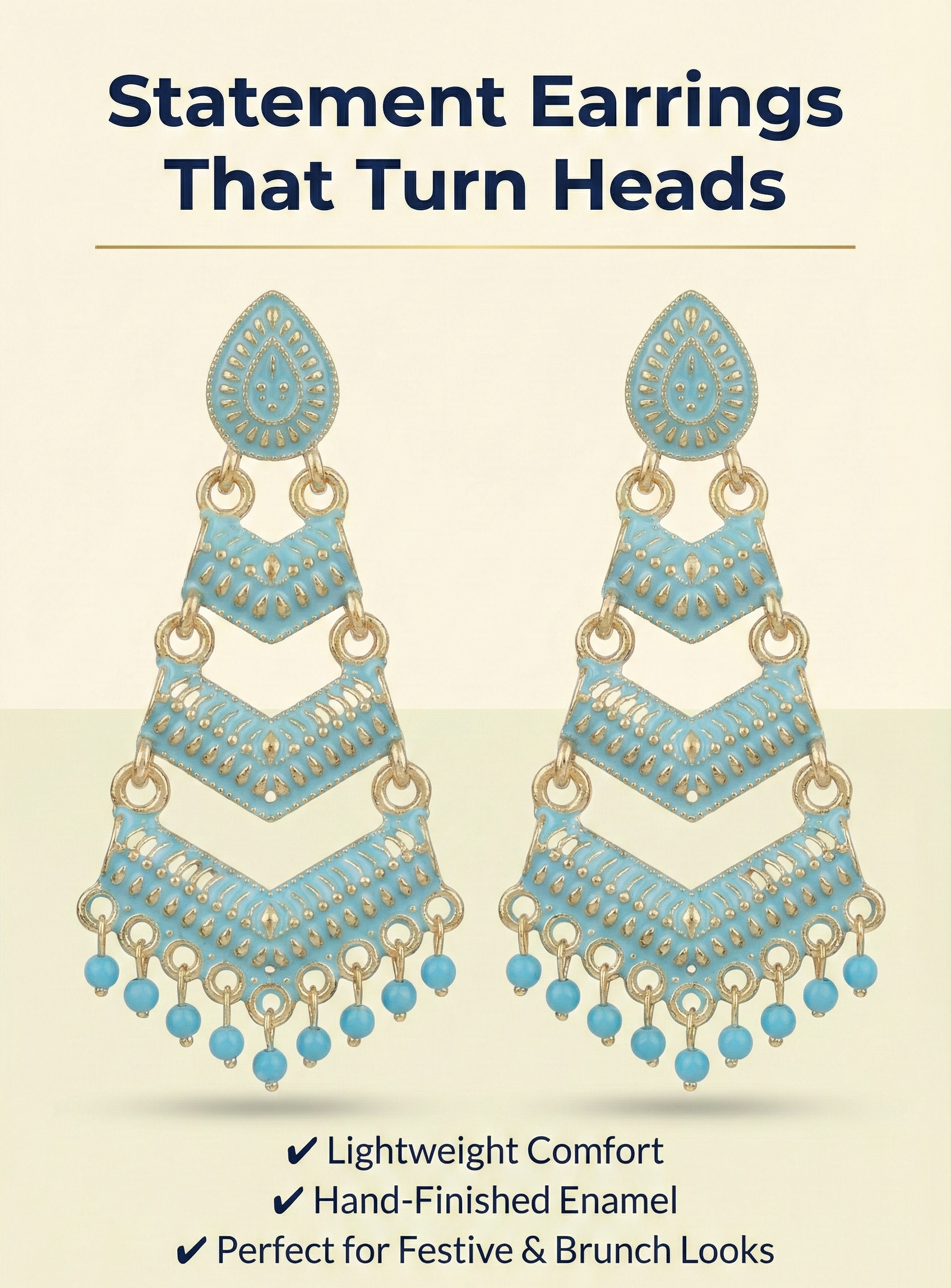 Close-up view of premium artificial Firozi Meenakari Gold Plated Layered Drop Earrings with Pearl Hanging by Innovate Art Impex.