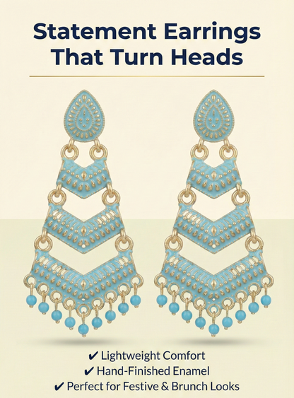 Close-up view of premium artificial Firozi Meenakari Gold Plated Layered Drop Earrings with Pearl Hanging by Innovate Art Impex.