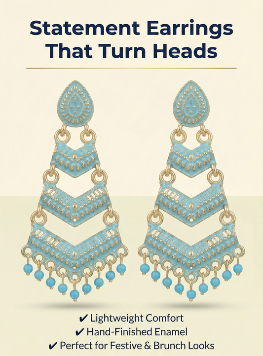 Firozi Meenakari Gold Plated Layered Drop Earrings with Pearl Hanging