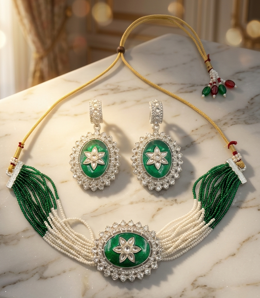 Close-up view of premium artificial Festive Wear Multi-Strand Beaded Choker Set with Enamel Detailing by Innovate Art Impex.