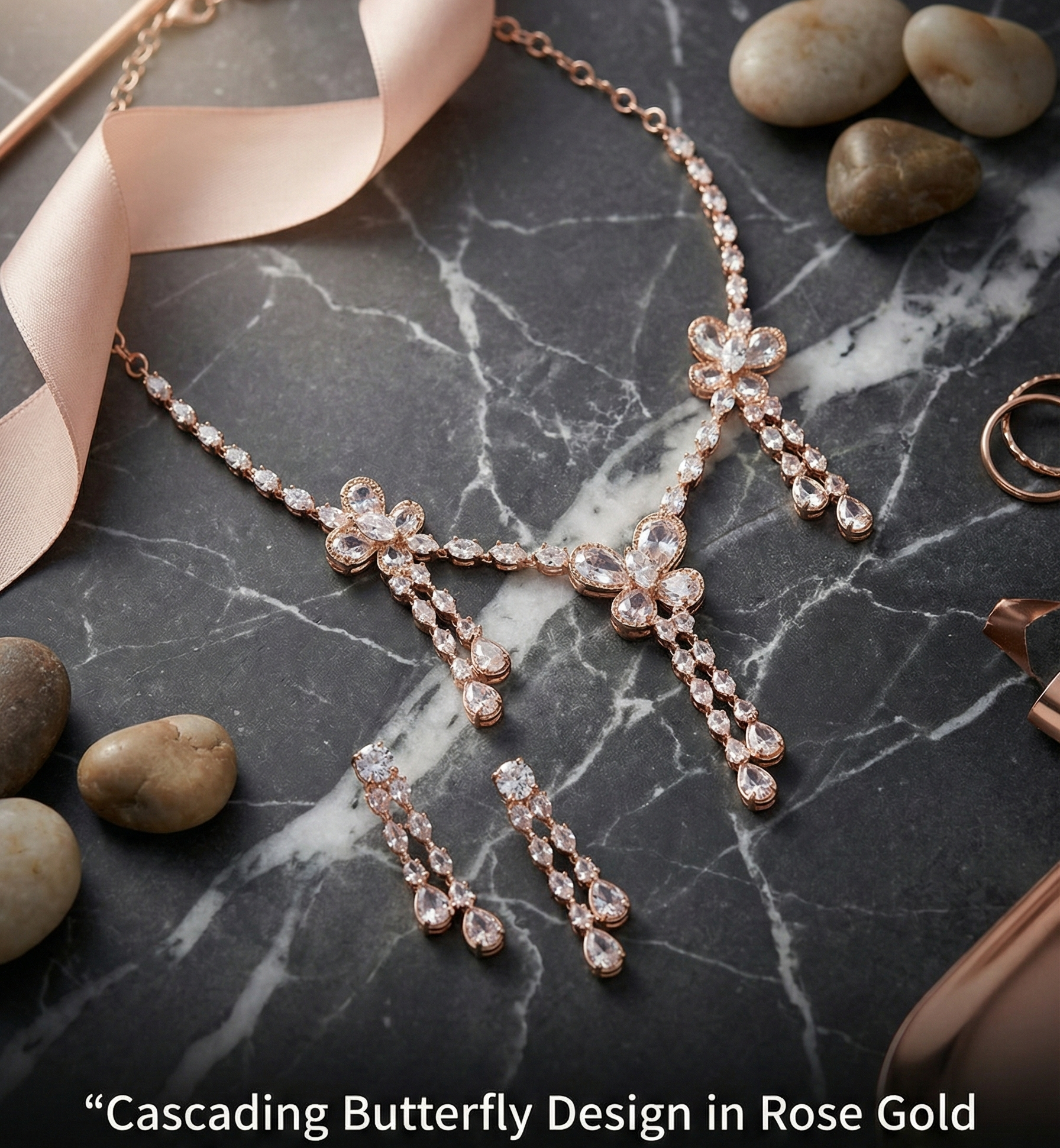 Close-up view of premium artificial Rose Gold Floral CZ Bridal Set | Innovate Art Impex by Innovate Art Impex.