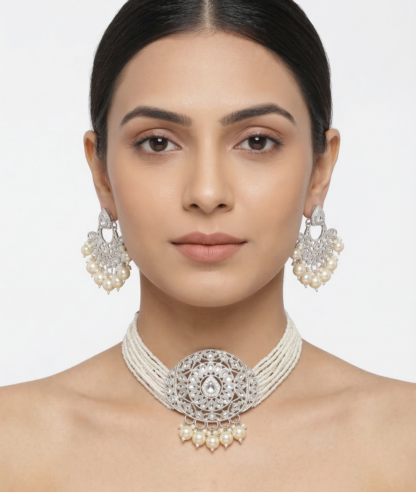 Close-up view of premium artificial Elegant Kundan Choker Necklace Set with Multi-Layered Beads & Matching Earrings by Innovate Art Impex.