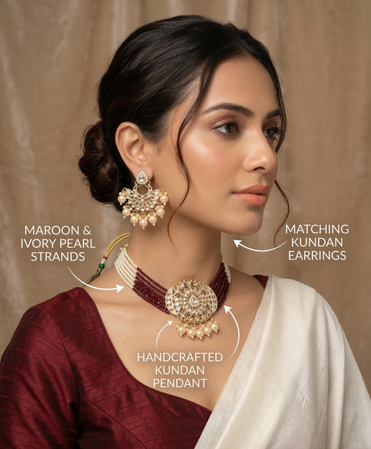 Close-up view of premium artificial Luxury Ethnic Multi-Strand Choker Jewellery Set with Chandbali Style Earrings by Innovate Art Impex.