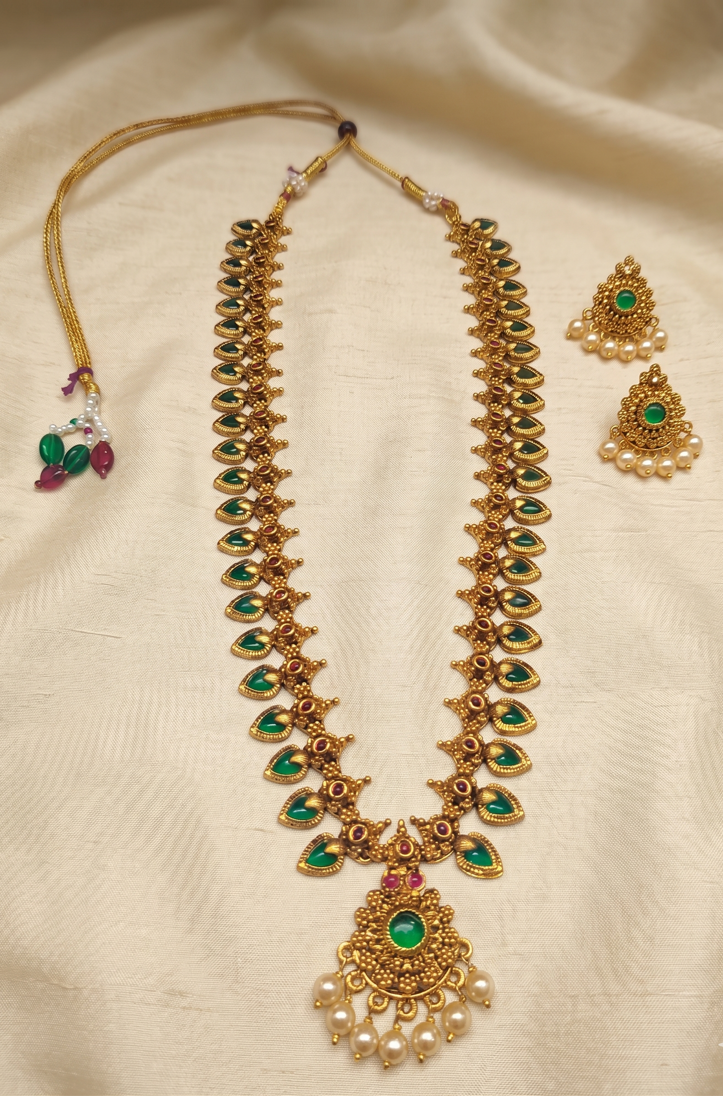 Premium Gold Plated Long Temple Necklace Set | Green Stone Mango Mala Rani Haar with Earrings | INNOVATE ART IMPEX