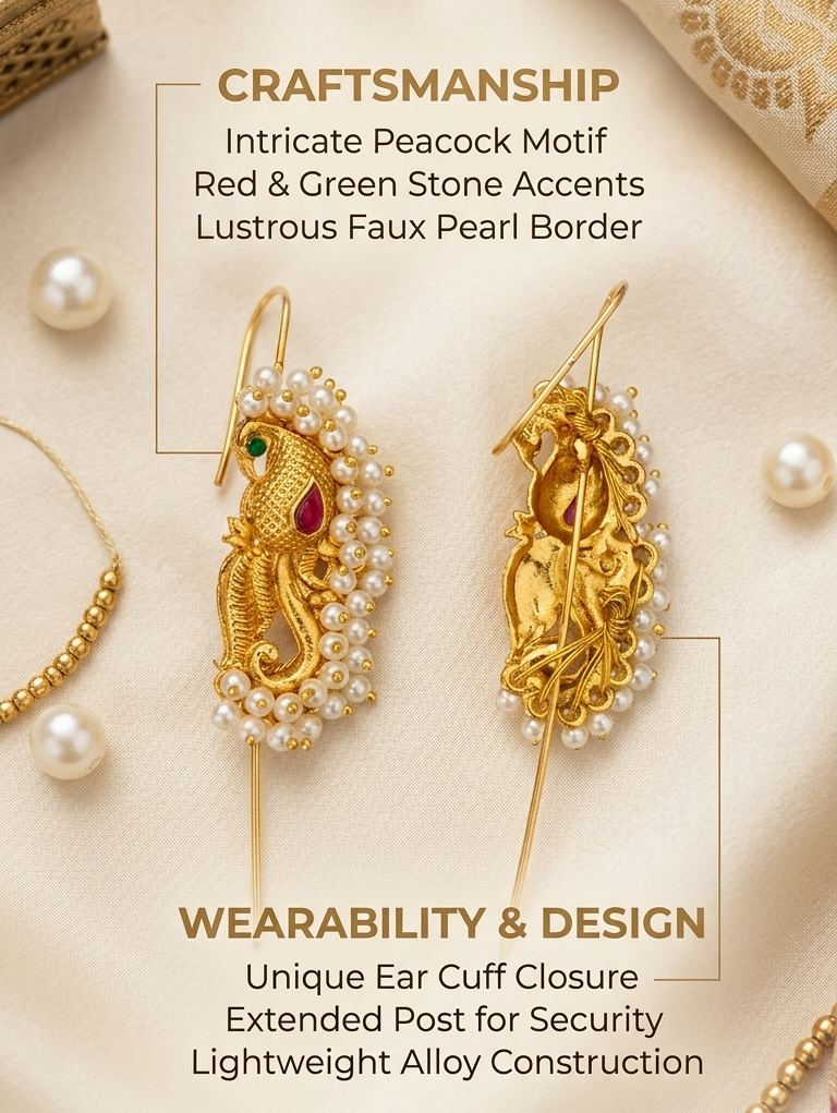Side view of woman wearing Kaan style peacock ear cuffs with green saree