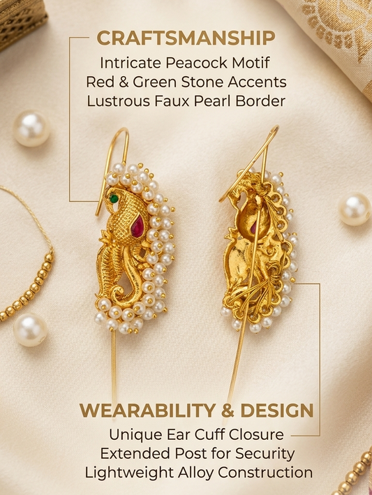 Side view of woman wearing Kaan style peacock ear cuffs with green saree
