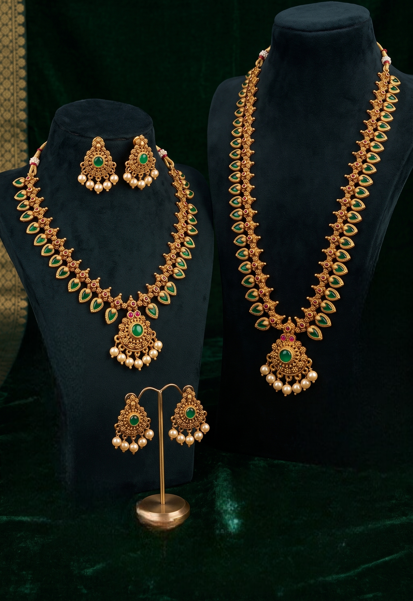 Antique Gold-Toned Palakka Motif Layered Temple Necklace Combo Set with Artificial Stones