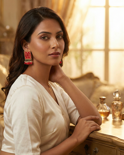 Close-up view of premium artificial Red Meenakari Gold Plated Pearl Drop Earrings for Women | Traditional Ethnic Dangle Earrings by Innovate Art Impex.