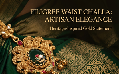 Traditional Antique Gold-Toned Filigree Saree Challa Waist Keychain for Women | Artificial Ethnic Kamarbandh Ornament with Green Oval Center & Jhumki Drop | INNOVATE ART IMPEX