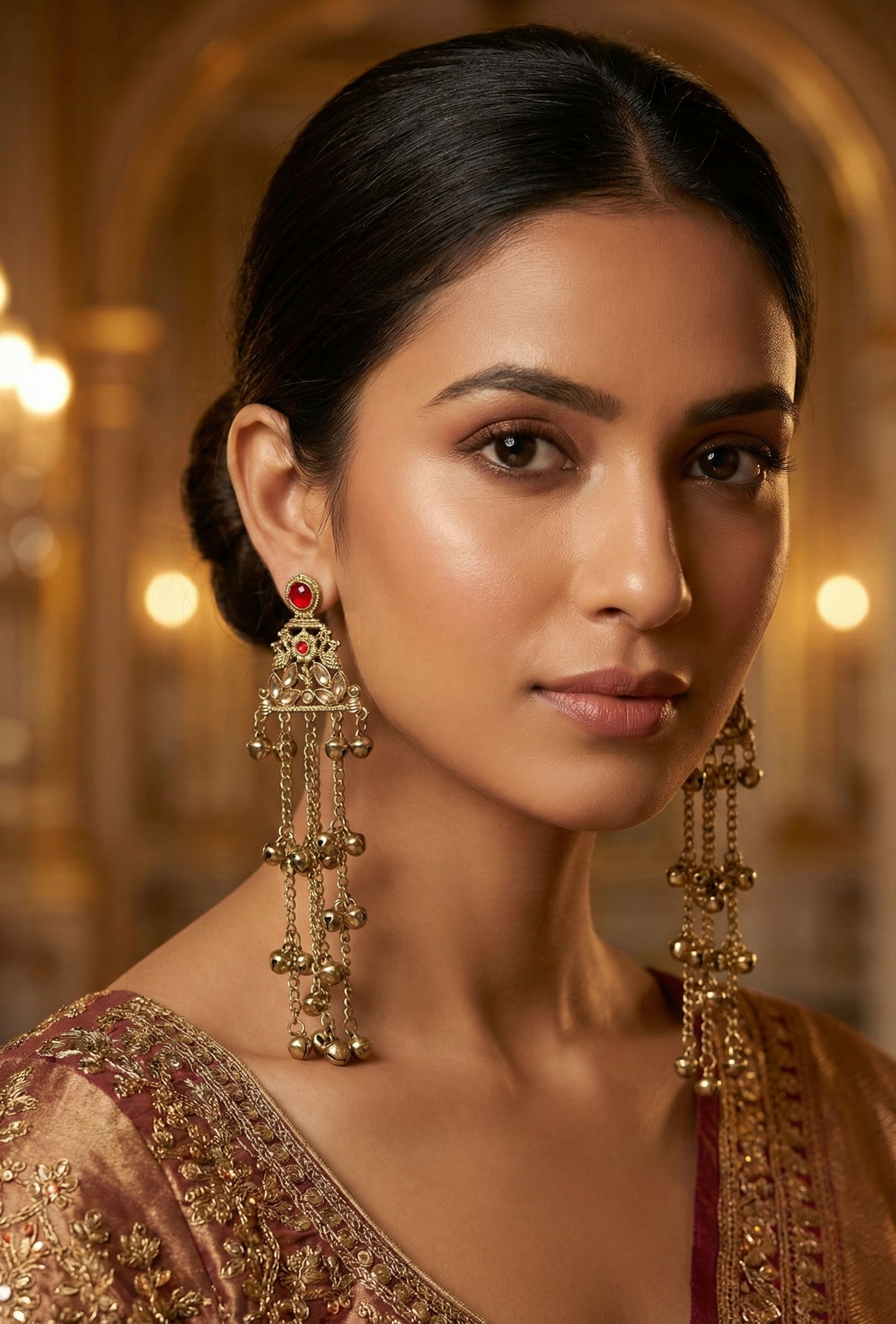 Close-up view of premium artificial Antique Gold Plated Long Tassel Drop Earrings with Teardrop Gemstone & Cascading Ghungroo Bells by Innovate Art Impex.