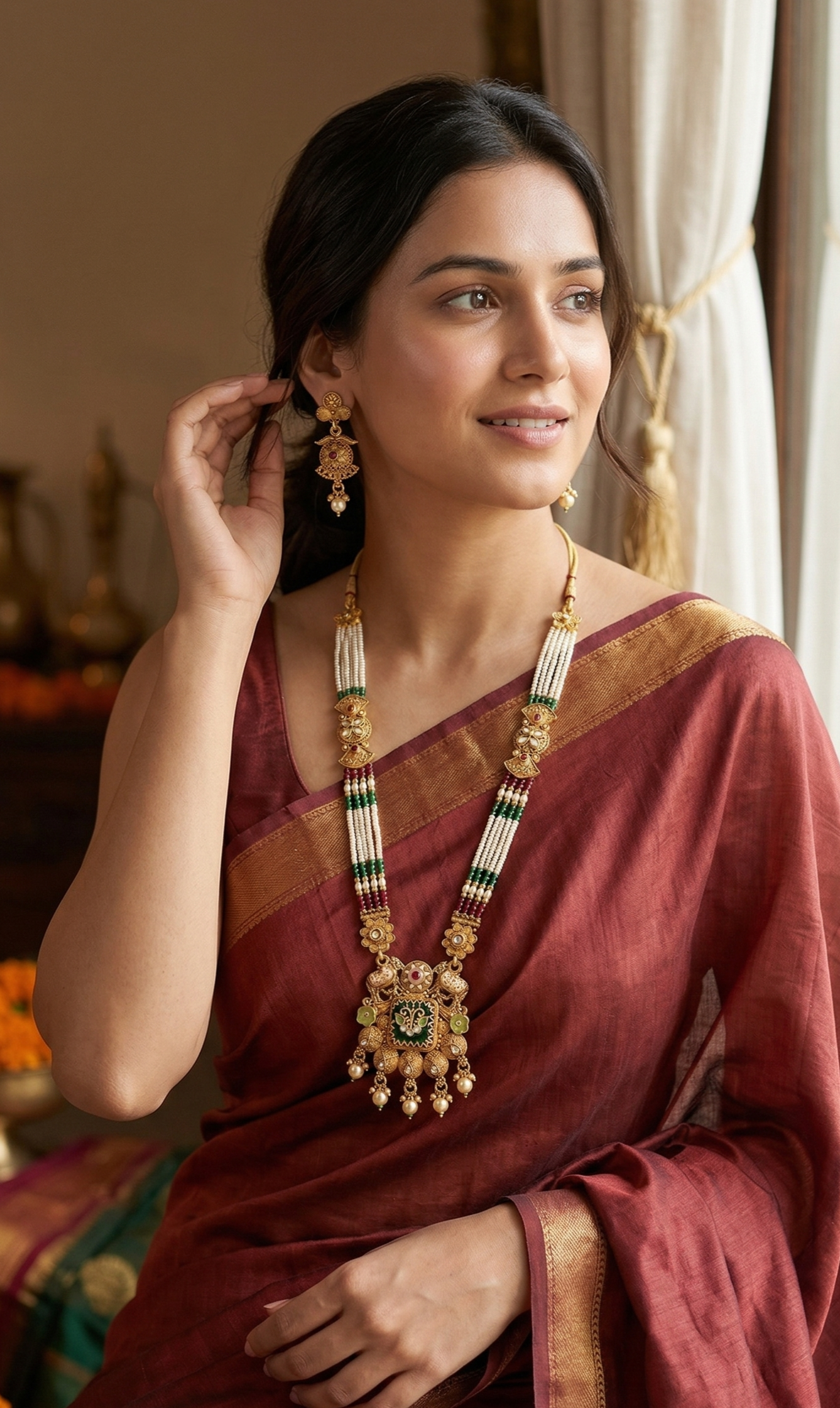 Close-up view of premium artificial Heritage Meenakari & Pearl Multi-Strand Long Necklace Set (Rani Haar) by Innovate Art Impex.