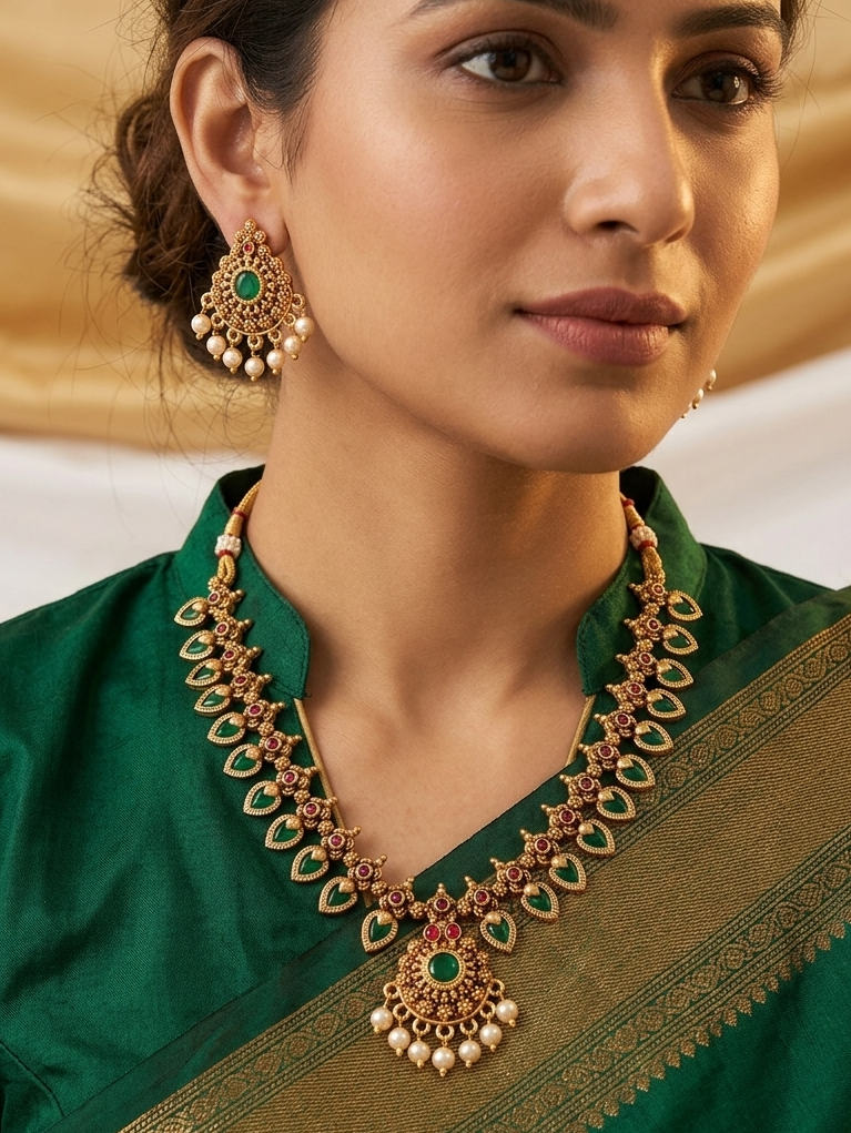 Gold Plated Emerald Leaf Jewelry