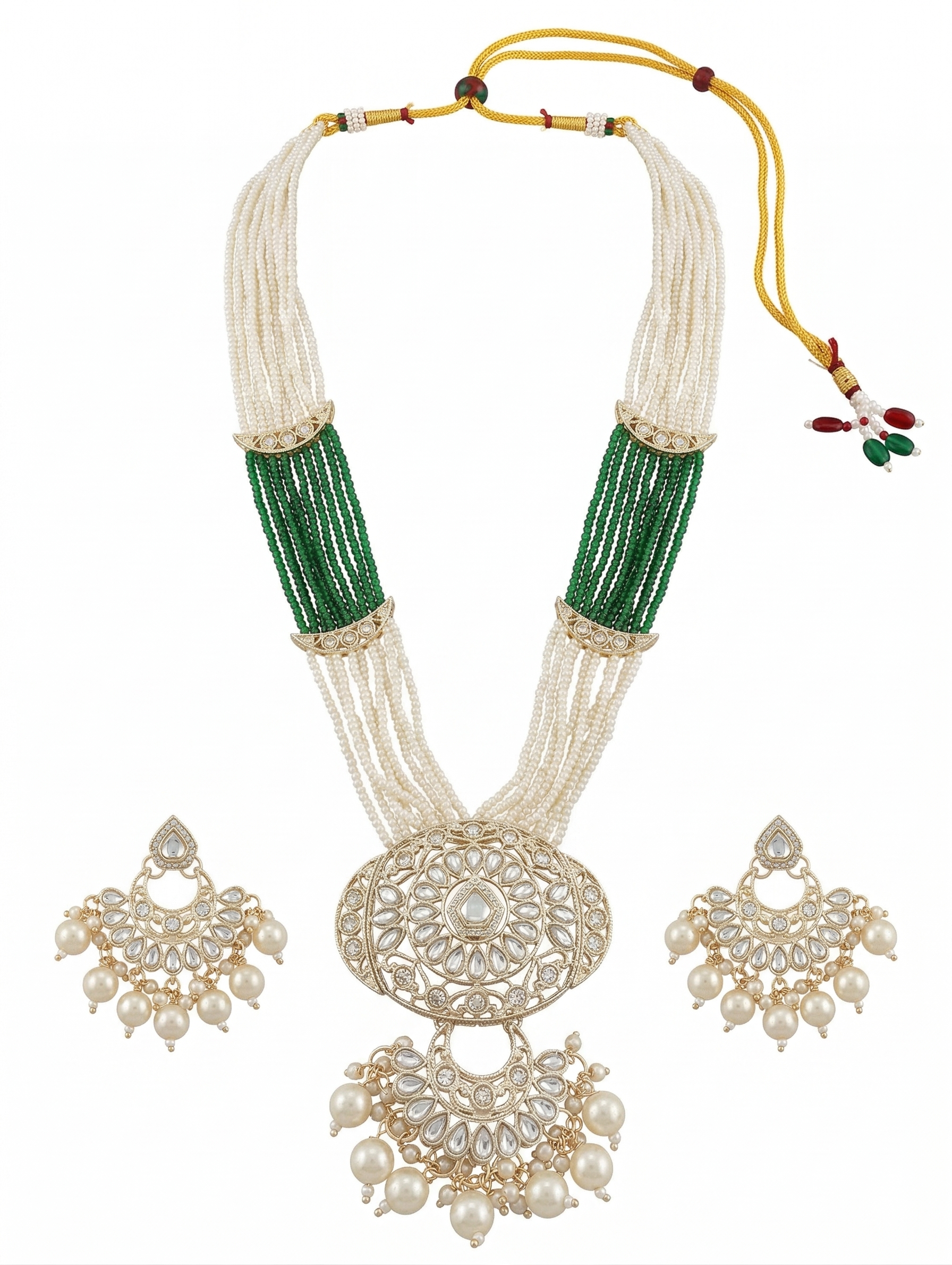 Close-up view of premium artificial Traditional Bridal Long Haram Set with Intricate Kundan Pendant and Seed Beads by Innovate Art Impex.