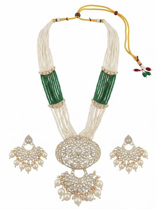 Close-up view of premium artificial Traditional Bridal Long Haram Set with Intricate Kundan Pendant and Seed Beads by Innovate Art Impex.