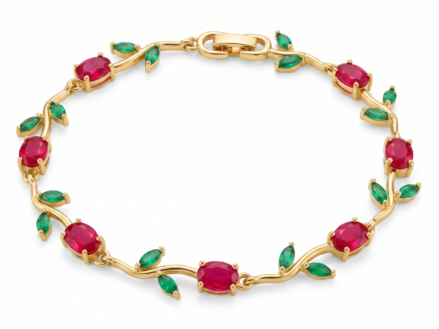 Gold-Toned Botanical Vine Link Bracelet with Premium Red Stones & Green CZ Accents