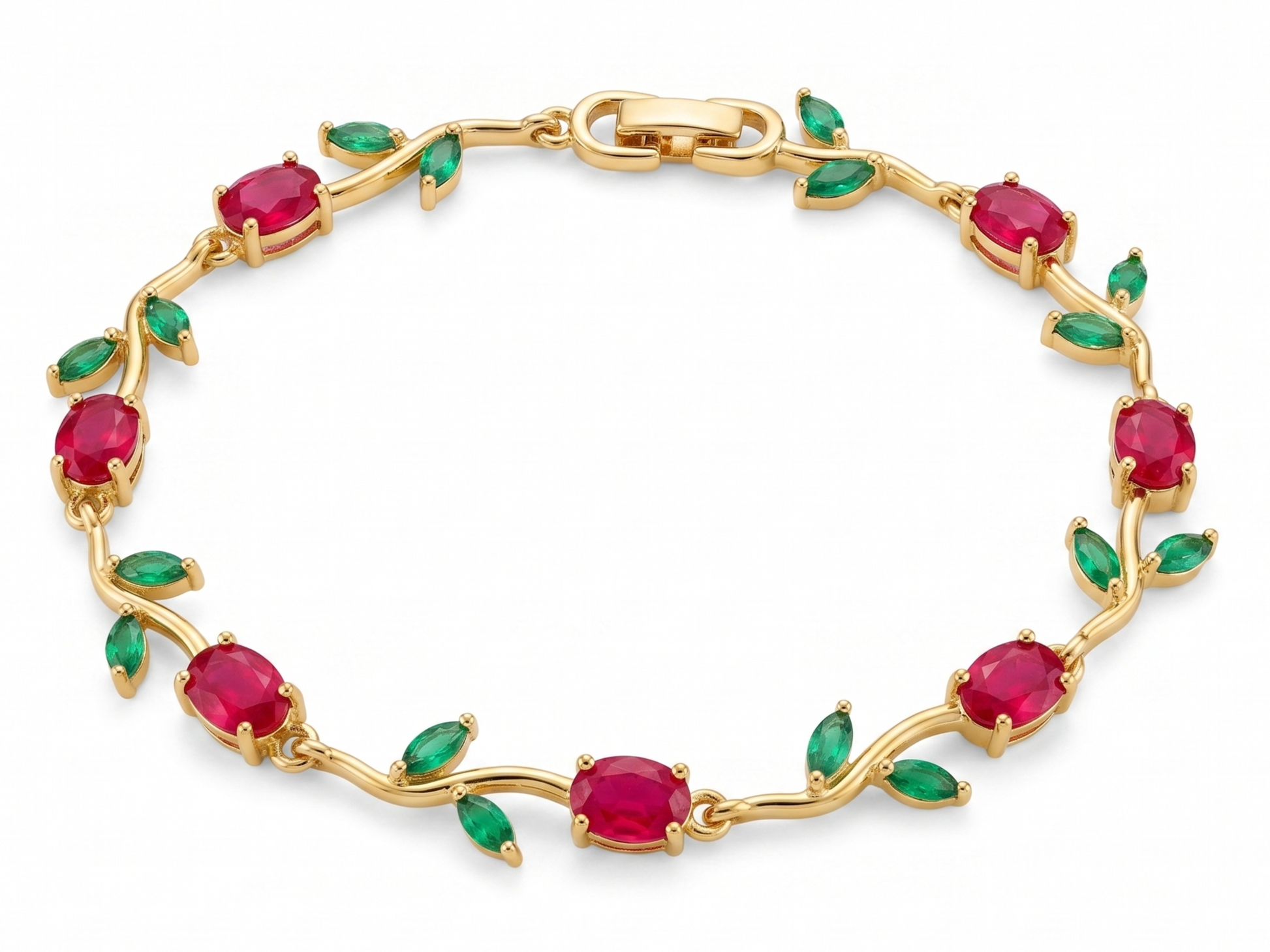 Gold-Toned Botanical Vine Link Bracelet with Premium Red Stones & Green CZ Accents