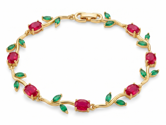 Gold-Toned Botanical Vine Link Bracelet with Premium Red Stones & Green CZ Accents